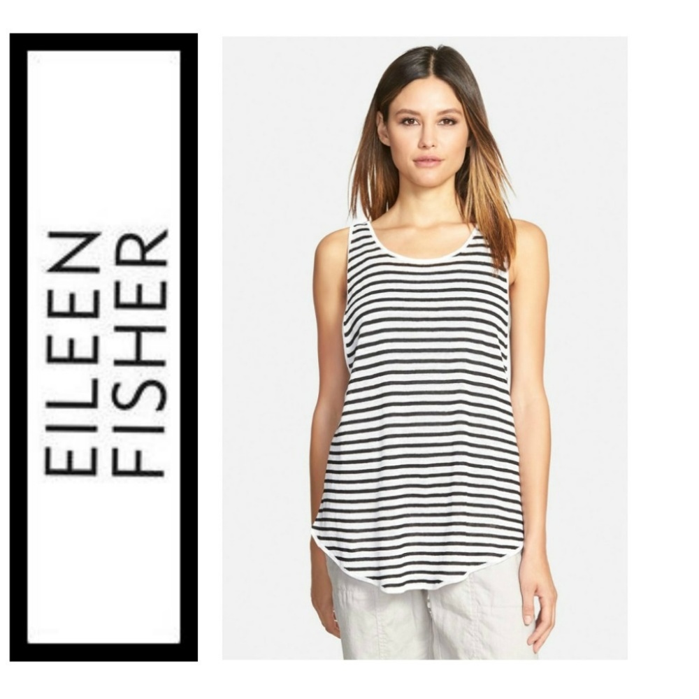Eileen Fisher Black White Stripe Tank Italian Linen Blend fits L XL $168 NWT NEW